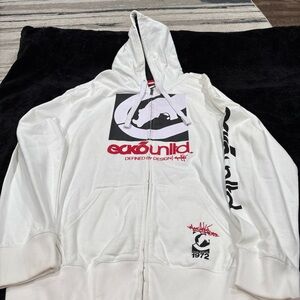 Ecko Unlimited White Raincoat with Black and Red Accents